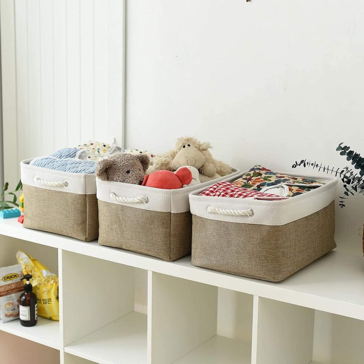 TheWarmHome Storage Basket for Organizing - 16x12x8 inch Large 3 Pack Collapsible Storage Bin for Shelves with Handles, Fabric Storage Cubes for Organizer Cloth Gift Toy Closet (Whiet & Khaki)