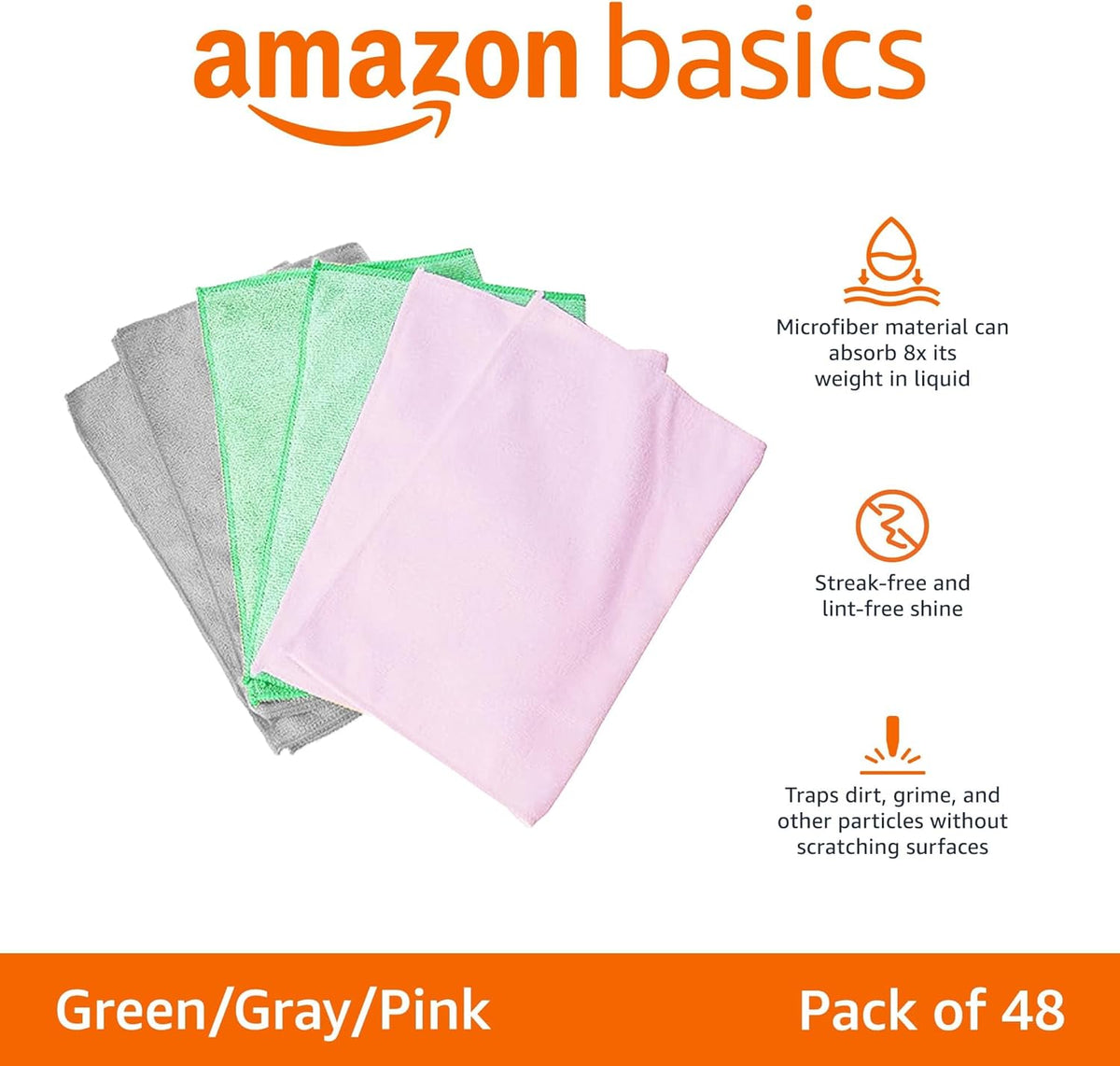 Amazon Basics Microfiber Cleaning Cloths, Non-Abrasive, Reusable and Washable, Pack of 48, Green/Gray/Pink, 16" x 12"