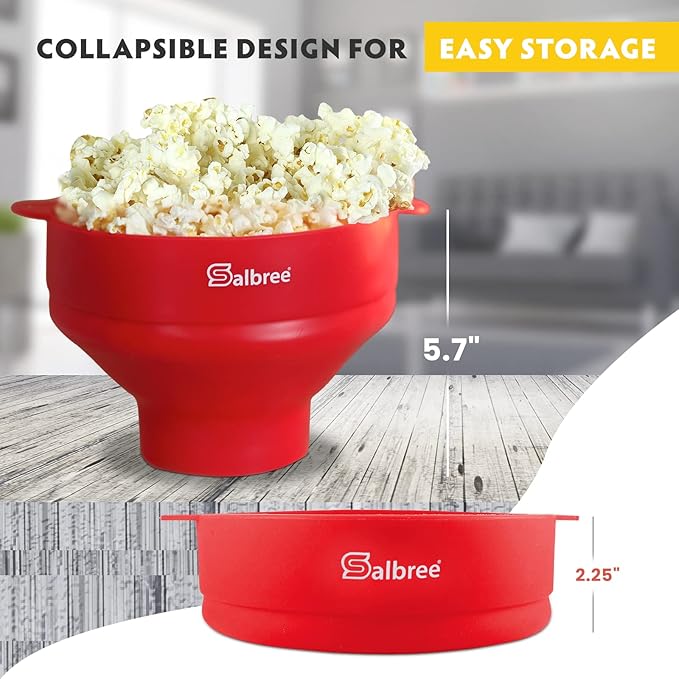 The Original Salbree Collapsible Silicone Microwave Popcorn Popper Maker Machine, Microwavable Bowl Holds 16 Cups, Uses Hot Air and Oil Always Optional - The Most Colors Available (Red)