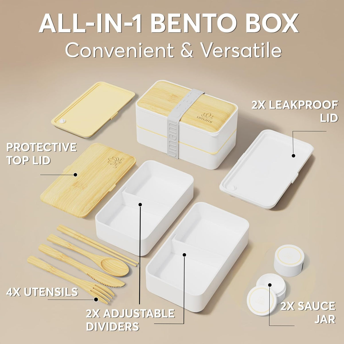Umami Bento Box Adult All-In-1 w/4 Utensils, 2Sauce Jars, 2 Dividers, 100% Leakproof, Microwave & Dishwasher Safe, Stackable Bento Lunch Box Containers for Men/Women, White & Tan