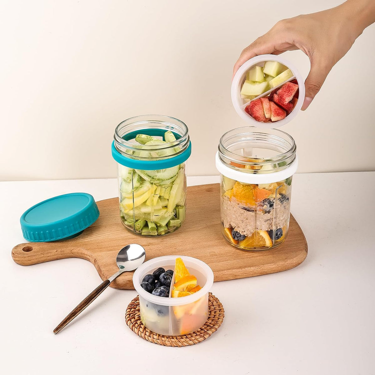 6 Pack Overnight Oats Containers with Lids and Spoons, 16 OZ Glass Mason Jars with Removable Separate Compartments, Airtight Leak Proof Oatmeal Container for Chia Pudding, Yogurt, Breakfast, Cereal