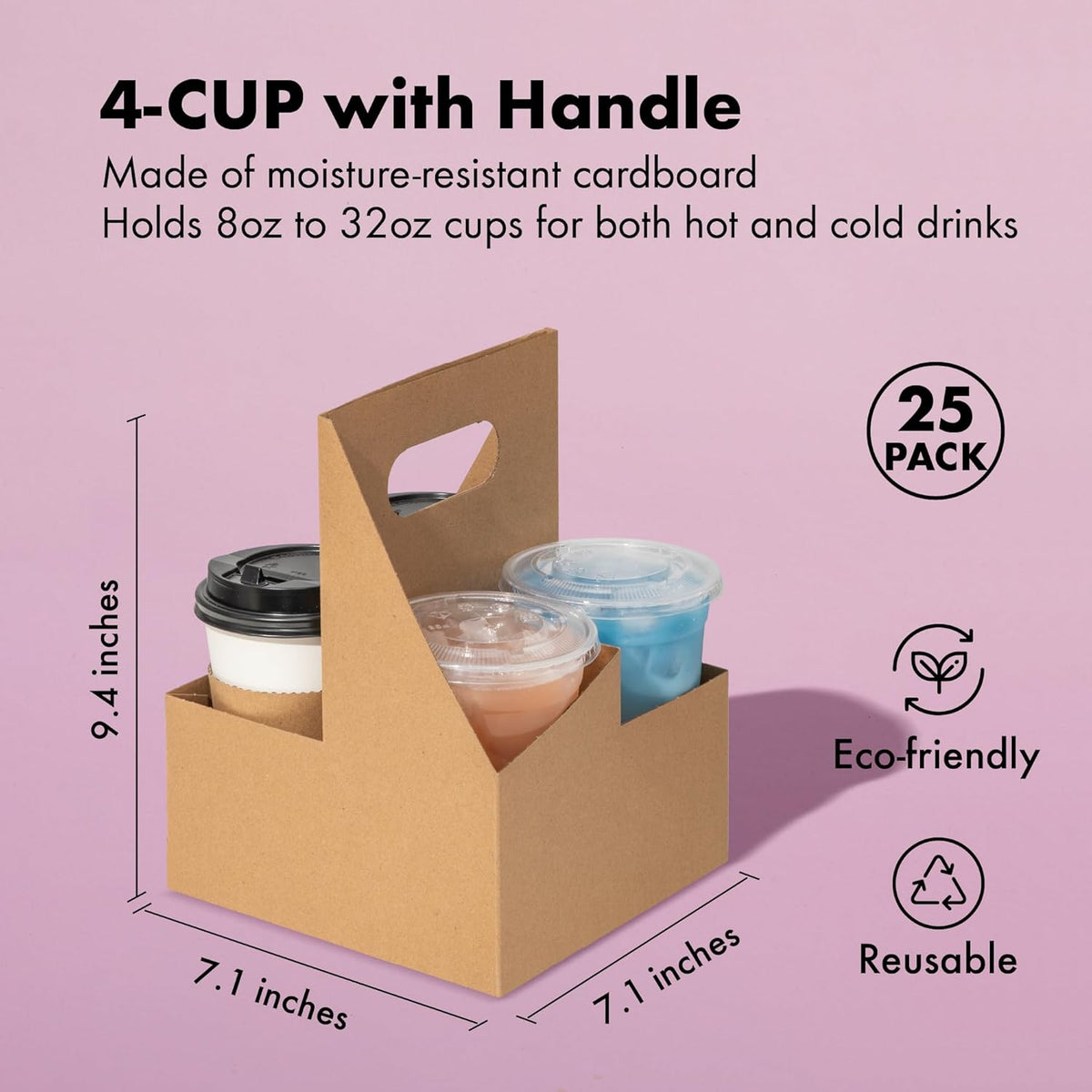 FMP Brands 4 Cup Disposable Drink Carrier with Handle, 25 Pack Kraft Paperboard Handled Drink Carriers 12-30 oz to Go Coffee Cup Holder, Cup Carrier for Cold Hot Drinks, Takeout, Cafe and Restaurant