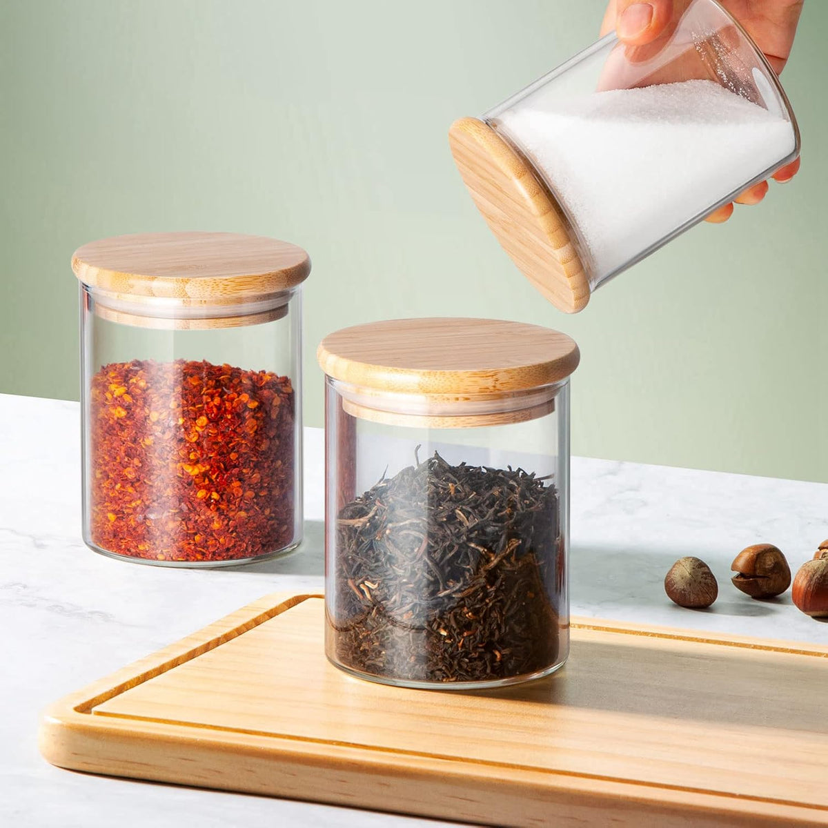 12 FL Oz Glass Jars with Bamboo Lid Set, 8Pack UPGRADE Clear Food Storage Canisters Kitchen Pantry Containers, for Spice Herb Nuts Tea Seed Seasoning Dry Foods Bean Sugar Snack Candy