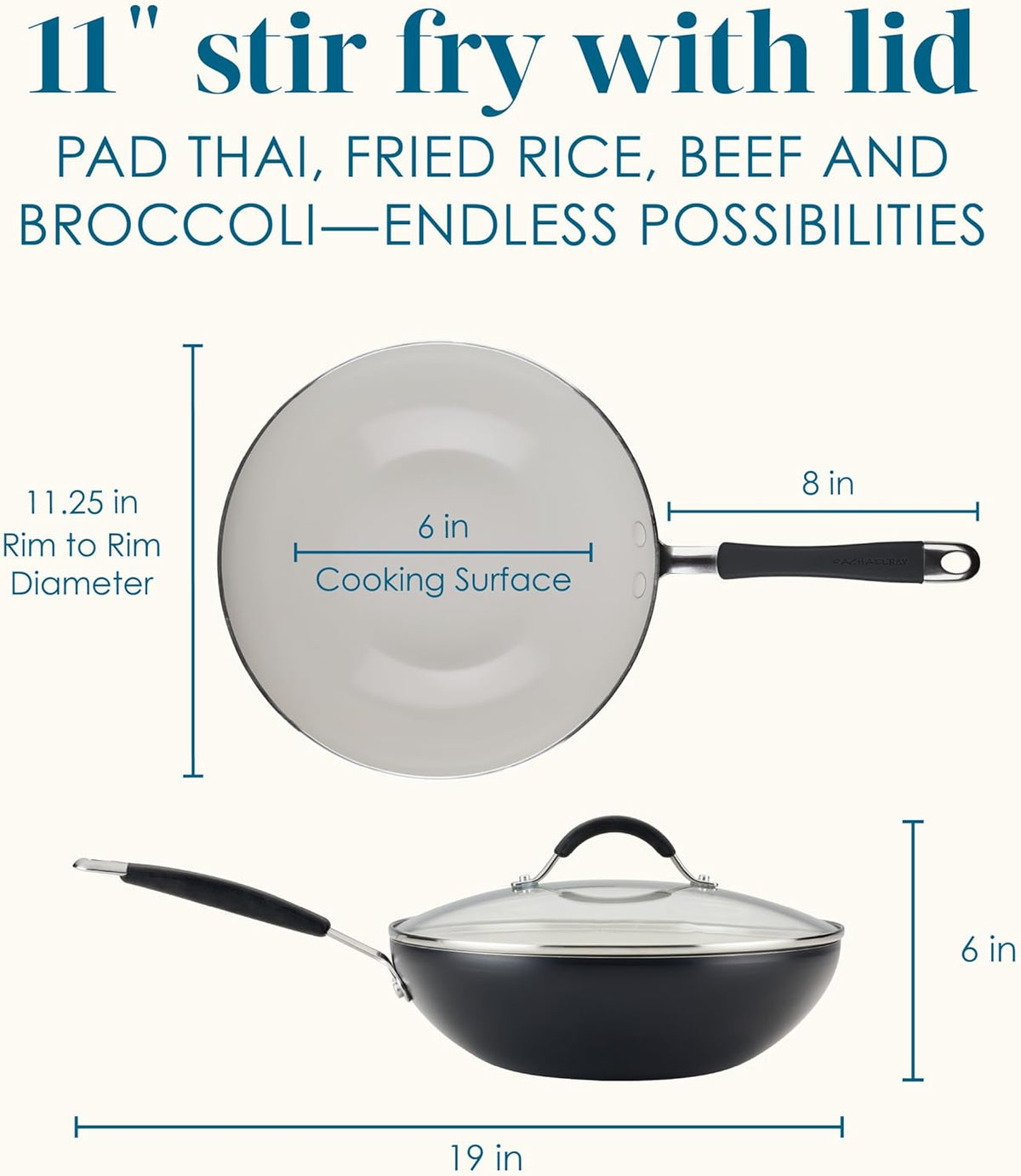Rachael Ray Cucina Ceramic Nonstick Stir Fry Pan and Lid, 11 Inch Non Stick Wok Pan, Dishwasher Safe - Peppercorn