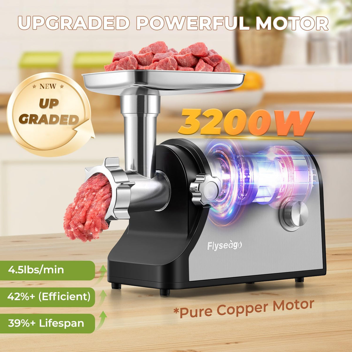 Electric Meat Grinder 3200W Heavy Duty Commercial Meat Grinders, Sausage Stuffer, Kubbe Kit with 2 Cutting Blades, 3 Grinding Plates, 3 Sausage Tubes, Metal Gearbox Meat Grinder for Home Use