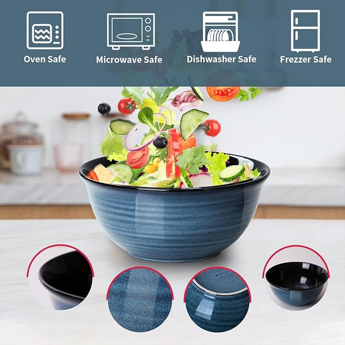 Ceramic Mixing Bowls, Tikooere Serving Bowls Set of 3 for Kitchen, Large Nesting Bowls for Cooking,Baking, Versatile Serving Dishes for Space Storage, 2.1/1.0/0.5 Qt, Dishwasher & Microwave Safe, Blue