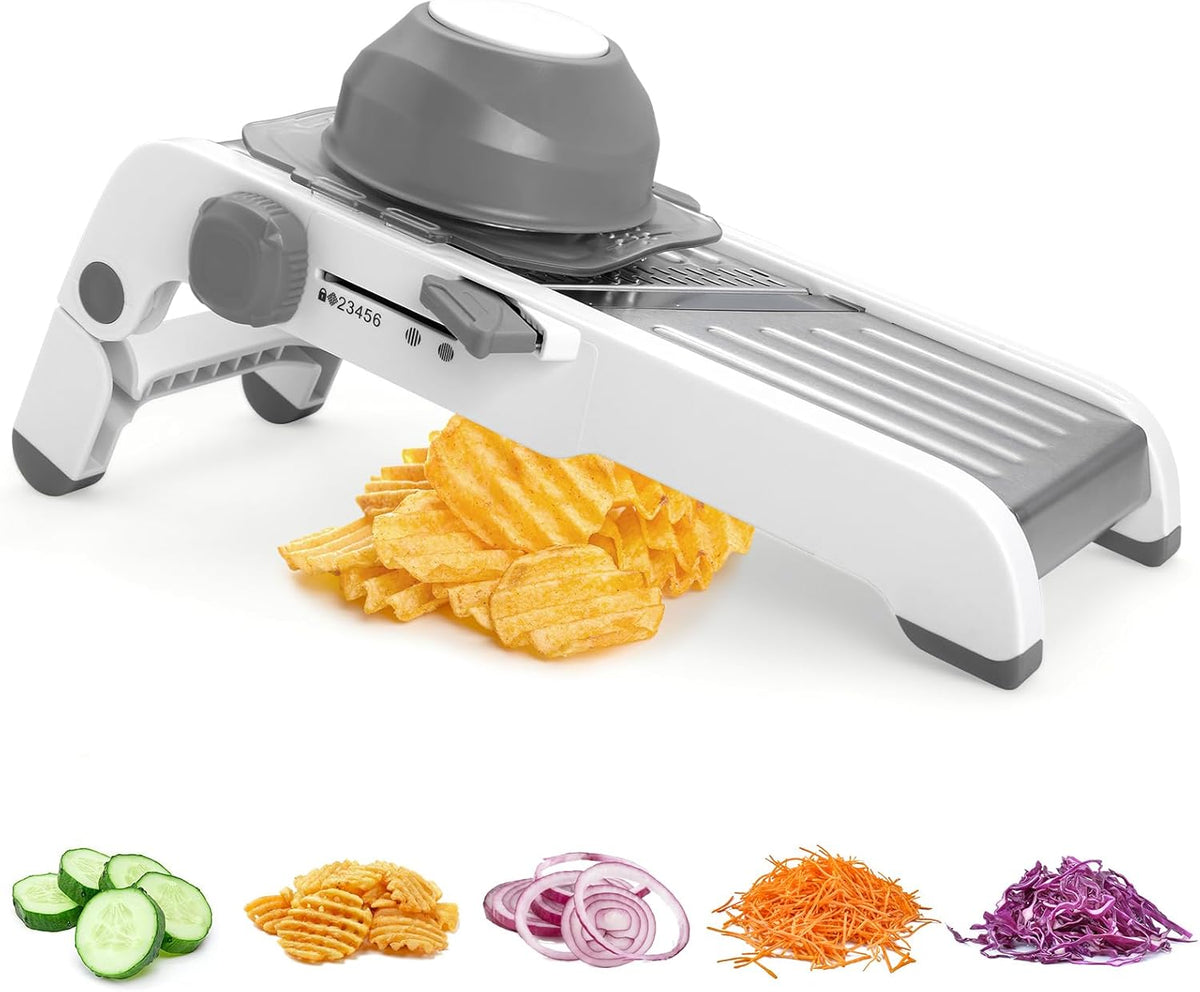 Mandoline Slicer for Kitchen, Adjustable Stainless Steel Mandoline Food Slicer, Onion Potato Cucumber Tomato Carrot Vegetable Fruit Slicer, Mandolin Veggie Cutter with Food Holder, Grey