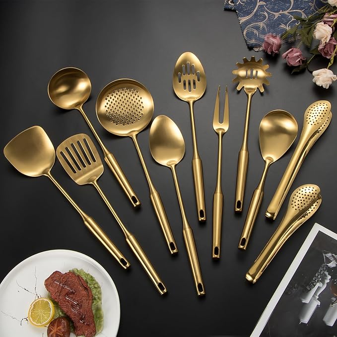 304 Stainlss Steel Matte Kitchen Utensils Set, 11 Pcs Long Metal Cooking Utensil Gadgets Tools Set with Spatula, Spoon, Ladle, Skimmer, Tunner, Pasta Server, Tongs(Gold, Dishwasher Safe)