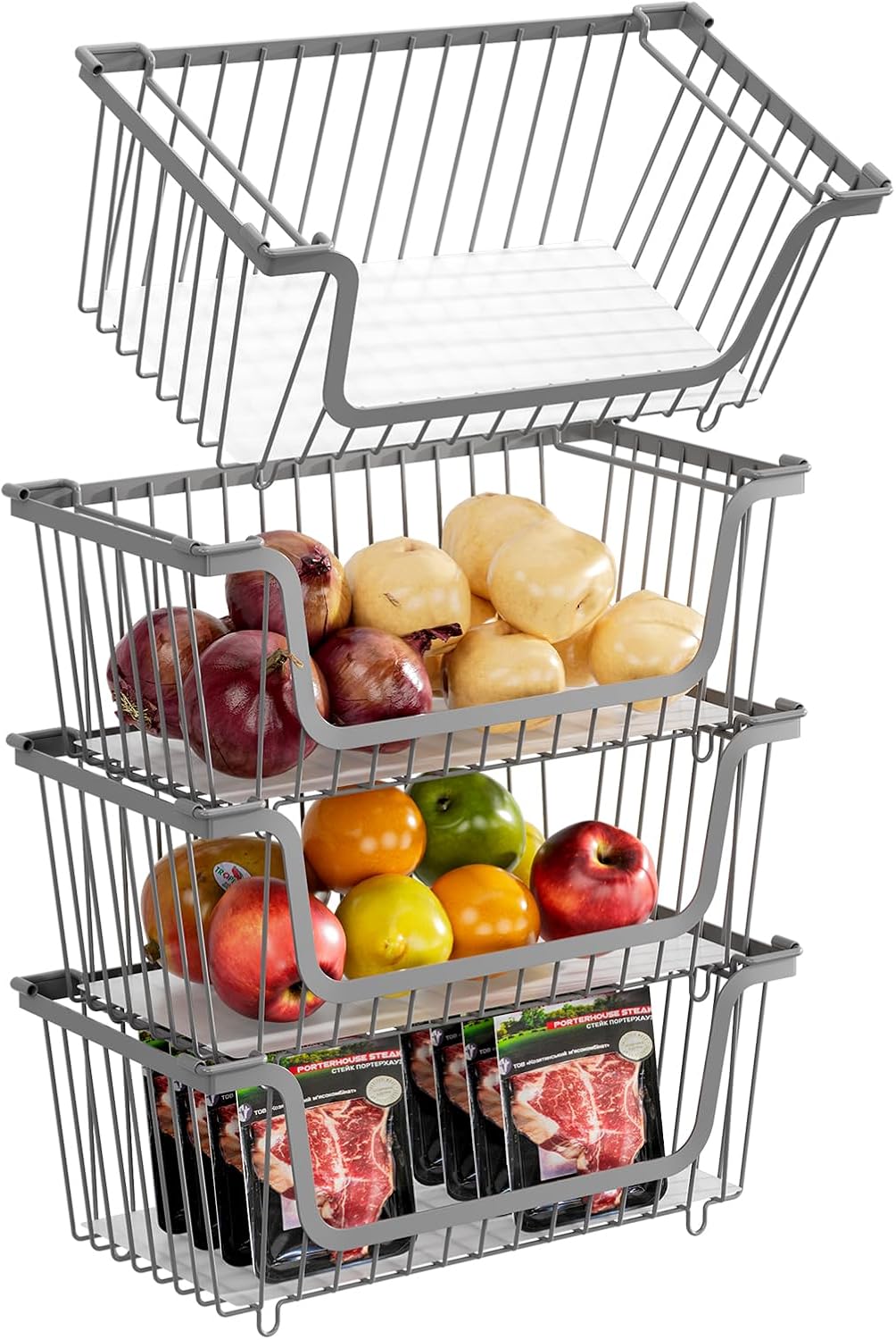 4 Pcs Stackable Wire Baskets for Pantry Organizers and Storage,Vegetable Fruit Basket for Countertop,Kitchen Storage Metal Baskets,Produce Potato Onion Storage Bin,Gray