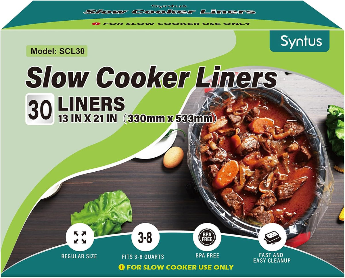 Syntus Slow Cooker Liners, 30 Count Cooking Bags Large Size Disposable Pot Liners Plastic Bags, Fit 3QT to 8QT for Slow Cooker Cooking Trays, 13"x 21", 30 Liners