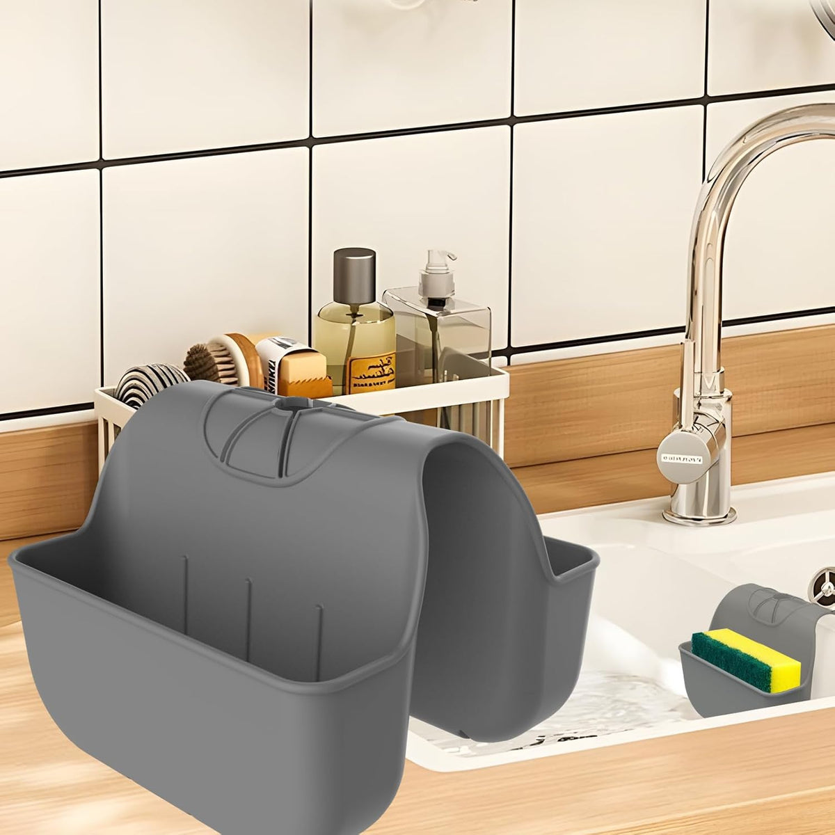 Sponge Holder for Kitchen Sink, Silicone Sink Saddle Caddy Organizer Rack, Sponges Holder Over Faucet, Hanging Kitchen Organizer Accessories Rack Basket Dark Gray