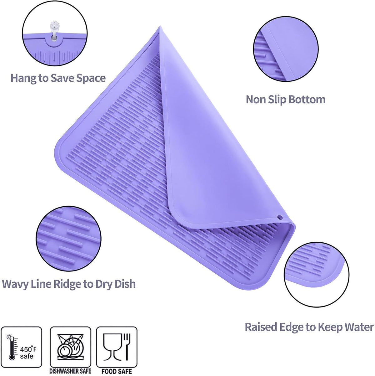 Silicone Dish Drying Mat for Multiple Usage,Easy clean,Eco-friendly,Heat-resistant Silicone Mat for Kitchen Counter or Sink,Refrigerator or Drawer Liner Light Purple 2XL 24 inches x 18 inches