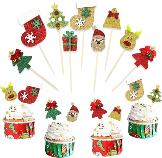 18Pcs Christmas Cake Toppers - Cupcake Decoration Set with Santa Claus, Christmas Tree, Snowman, Sock Theme Party Supplies