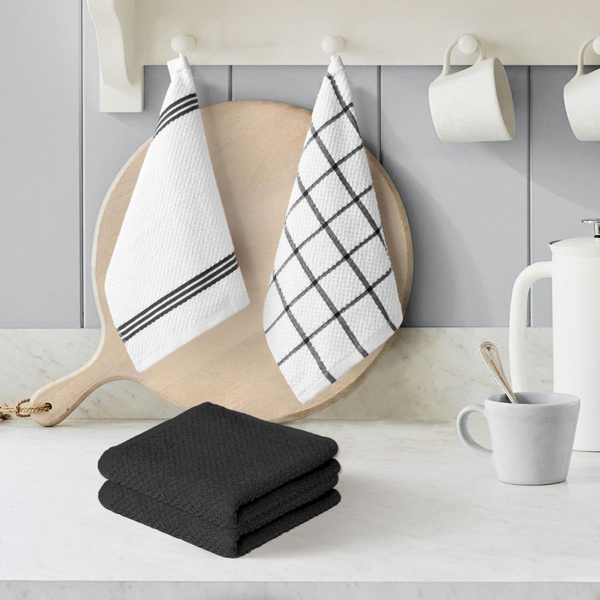 Artoid Mode Ring Spun Cotton Black Dishcloth Kitchen Towels, 12x12 Inch Ultra Soft Absorbent Quick Drying Household Cleaning Kitchen Rags Set of 6