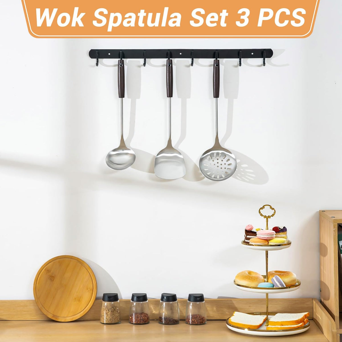 FJNATINH Wok Spatula and Ladle Skimmer Spoon - Stainless Steel Cooking Utensils Set of 3,Kitchen Wok Utensils Set