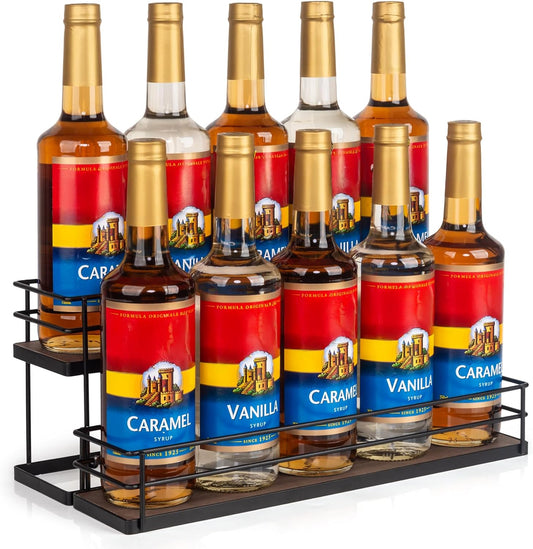 10 Bottle Capacity Coffee Syrup Organizer 2 Tier Coffee Syrup Stand Shelf for Coffee Bar Kitchen Small Wine Rack for Bar Family Storage for Syrup Wine Dressing