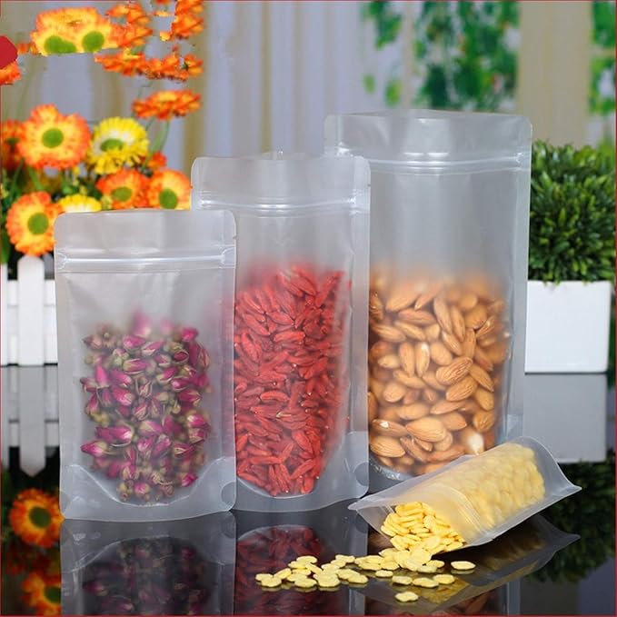PABCK 100 Pcs 4.7x7.9 inch Resealable Stand Up Bags Matte Clear Zipper Lock Heat Seal Pouches with Tear Notch for Zip Food Storage Lock Packing