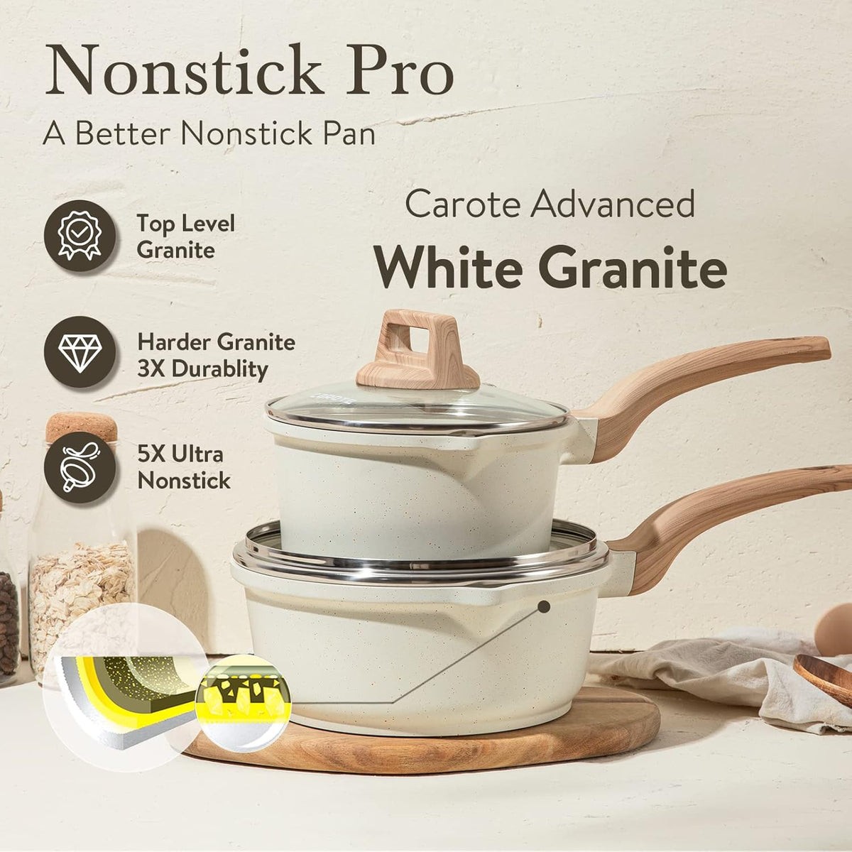 CAROTE 1.5Qt & 3.0Qt Sauce Pan Set with Lid Nonstick Saucepan 4 Pcs Non Stick Sauce Pots Cooking Pot with Pour Spout, Easy to Clean, Small Kitchen Pots Induction Pot, PFOA FREE (White Granite)
