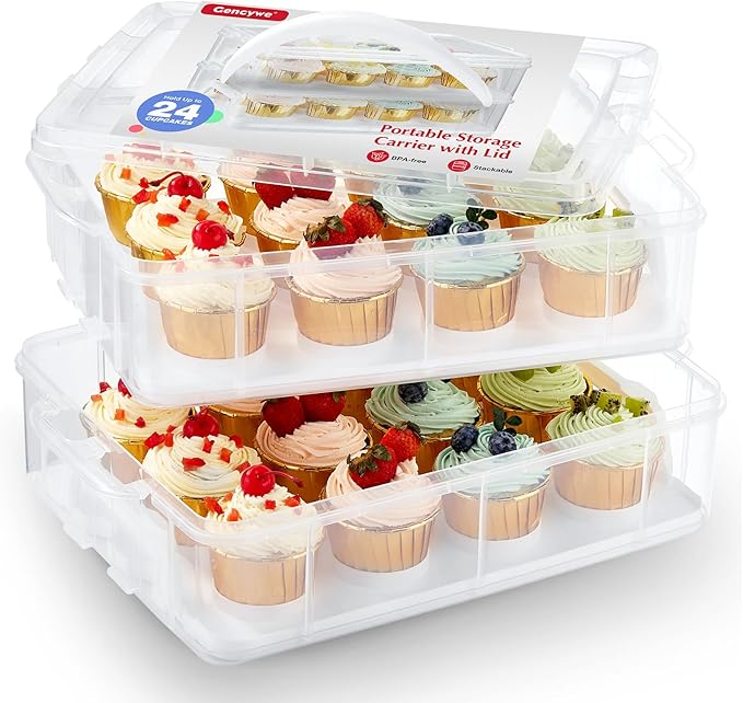 Gencywe Plastic Cupcake Carrier 24 Count, 2-Layer Cupcake Holder Carries with Lid & Handles, Cookie, Cake, Cupcake and Brownie Storage Carrier, Reusable Cupcake Box