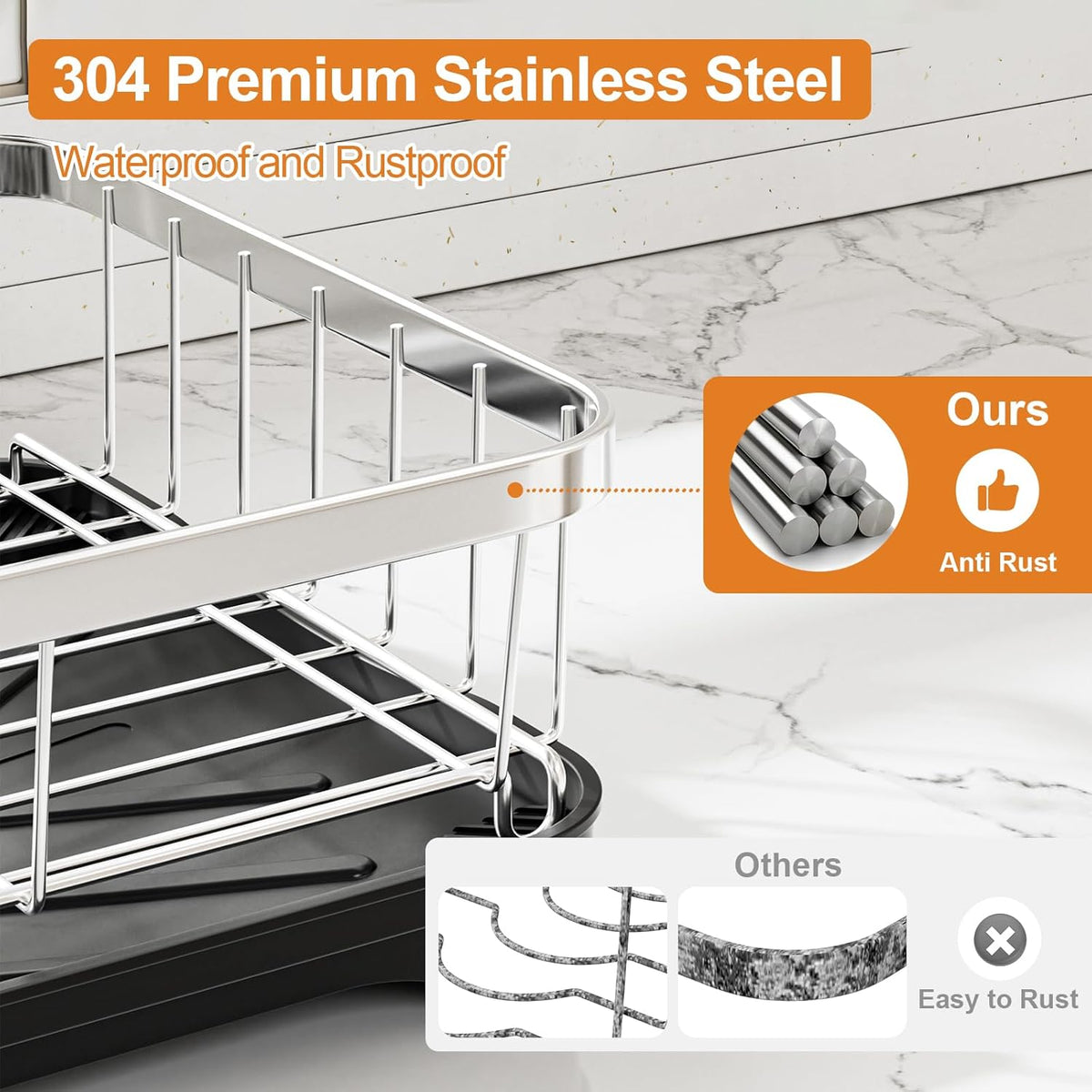 Stainless Steel Dish Drying Rack – 304 Grade Dish Racks for Kitchen Counter with Utensil Holder & Adjustable Spout, Space-Saving Organizer, 16.5" x 11.8" x 5.3" Black