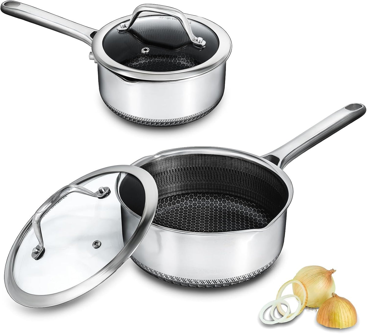 Hybrid Nonstick Saucepan Set of 2 with Lids 1.5 QT and 3 QT, Stainless Steel Honeycomb Pans with Side Pour Spouts,Compatible with All Cooktops,Dishwasher and Oven Safe