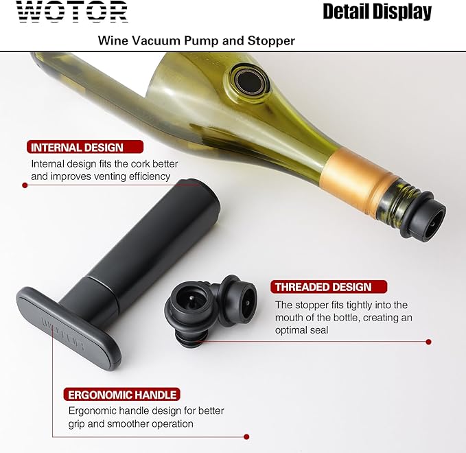 WOTOR Wine Saver Vacuum Pump with 4 Stoppers, Wine Stopper & Preserver, Reusable Bottle Sealer Keeps Fresh, Ideal Accessories Gift (Flat Handle)