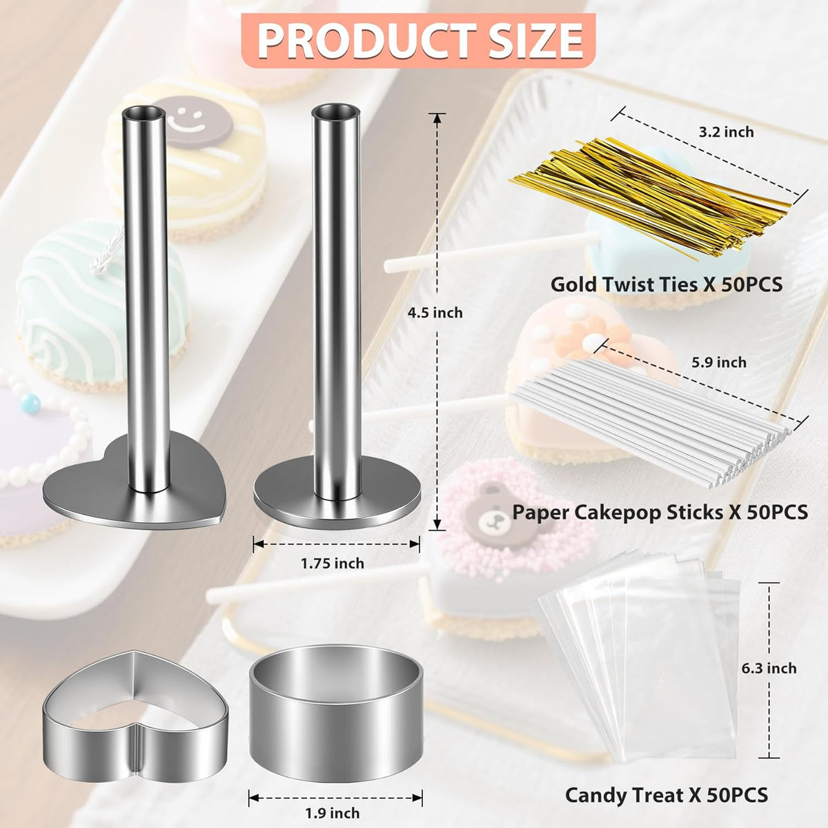Cake Pop Mold Kit, 2 Pack Cake Pop Cutter and Pusher with 50pcs Cake Pop Sticks, 50pcs Cake Pop Bags, 50pcs Twist Ties, Cake Pop Maker for Cakepops, Lollipop, Candies, Chocolates and Cookies