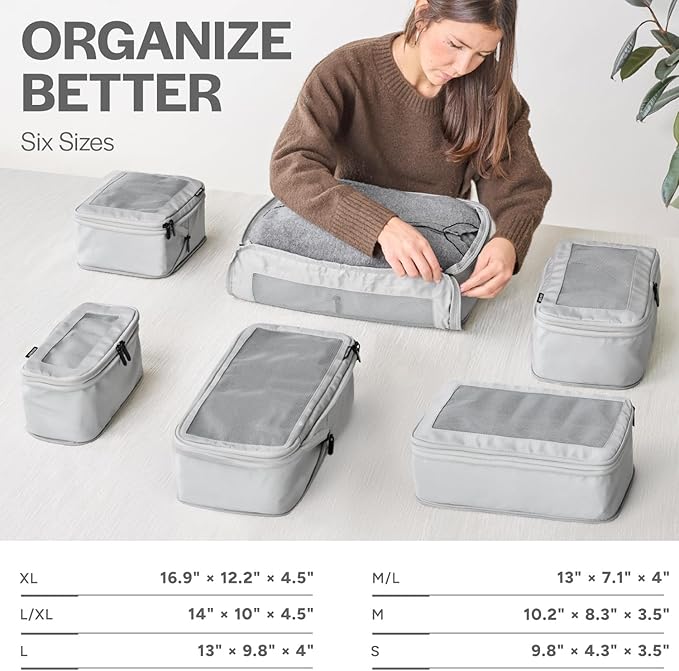 Aerotrunk Compression Packing Cubes for Travel - Luggage Organizer Bags - Double Zipper Packing Cubes for Suitcases (6-Pack, Light Grey)