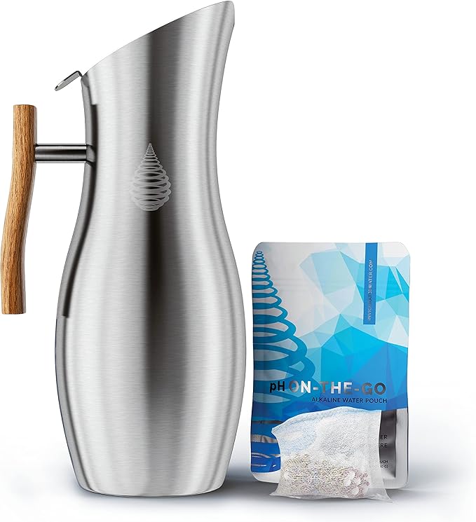 Invigorated Water pH Vitality Alkaline Water Filter Pitcher for Drinking Water Stainless Steel - Water Pitcher with Filter for Tap Water, High pH Filtered Purifier with Alkaline Filter - 1.9L (Silver)