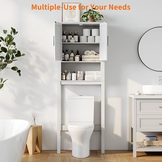 IDEALHOUSE 23.6 Inches Wide Toilet Rack with Over The Toilet Storage Cabinet, Bathroom Shelf Organizer with Anti-Tip Device, Small Freestanding Space Saver with Adjustable Shelf (White 23.6" W)