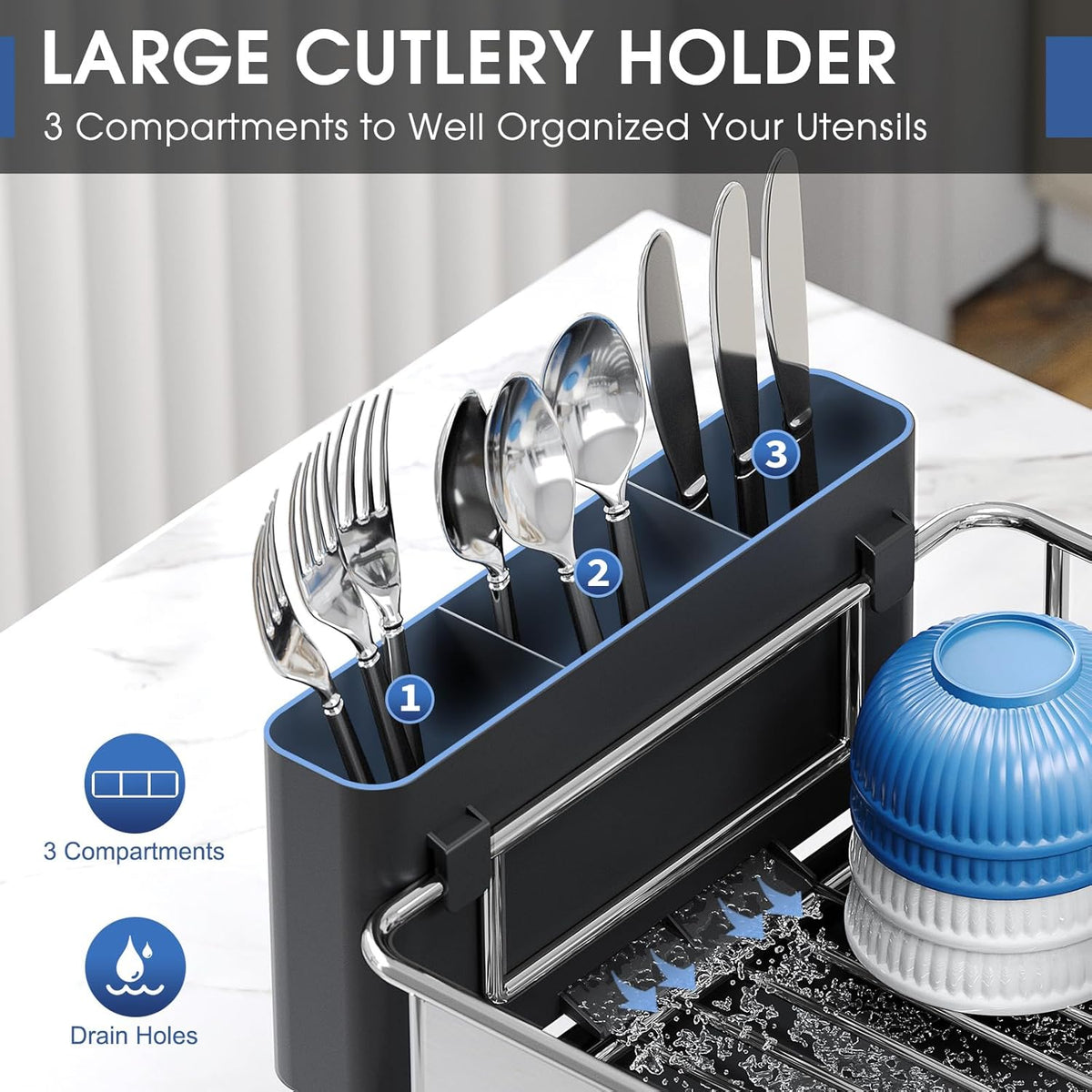 Stainless Steel Dish Drying Rack - Large Capcity 304 Grade Dish Drainer for Kitchen Counter with Drain Board, Utensil Holder & Detachable Cup Shelf, Rustproof Multifunctional Organizer