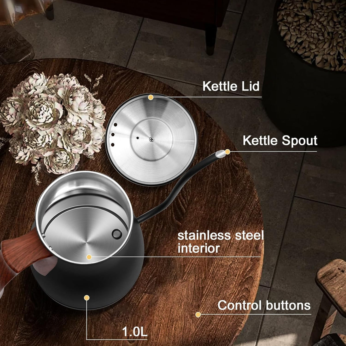 SEEDEEM Gooseneck Electric Kettle, 1L 1200W Touch Screen Pour-Over Kettle with 4 Heating Modes, ±1℉ Temp Control, Keep Warm Function, for Tea & Coffee, Black