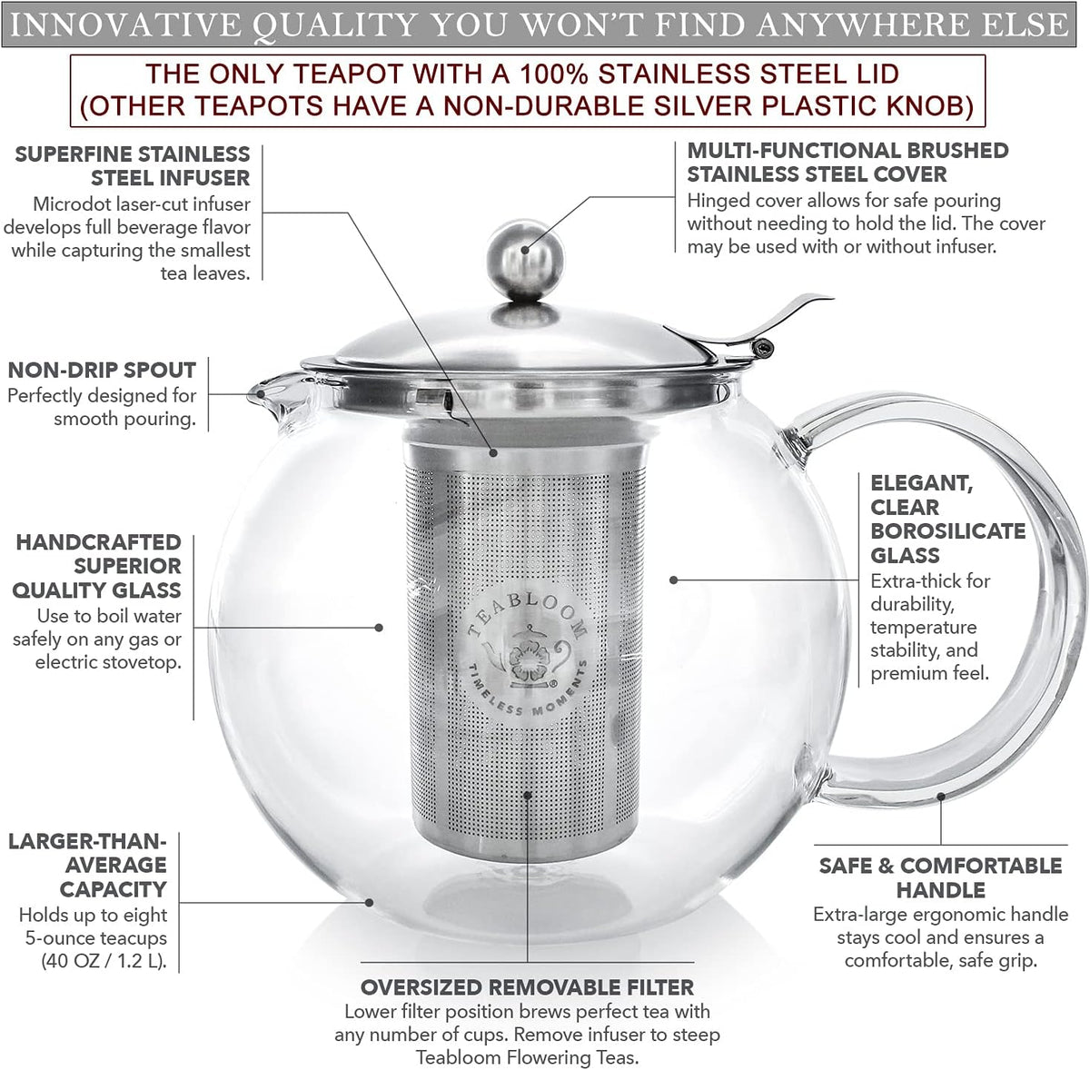 Teabloom All-in-One Glass Teapot and Tea Kettle – Heatproof Borosilicate Glass Tea Maker with Removable Stainless Steel Loose Tea Infuser – Classica Stovetop Tea Pot (40 oz / 1200 ml)