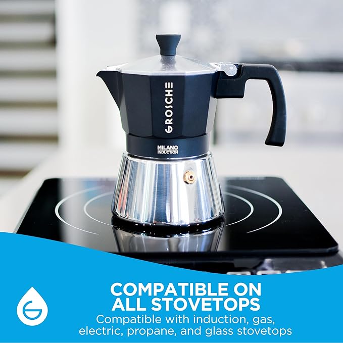 GROSCHE Milano Induction Stovetop Espresso Maker Moka Pot for Greca, Induction, Electric & Gas Stoves, Dishwasher Safe Stovetop Espresso Maker | 3 Espresso Cup, Black