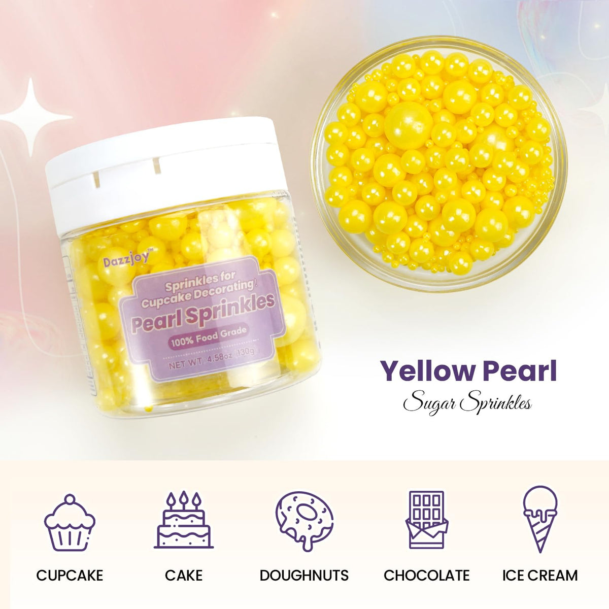 Dazzjoy Edible Pearls, Yellow Pearl Sugar Sprinkles, 130g/4.58oz, Yellow Ball Pearls for Cake Decorating, Cupcake Toppers, Edible Cake Decoration