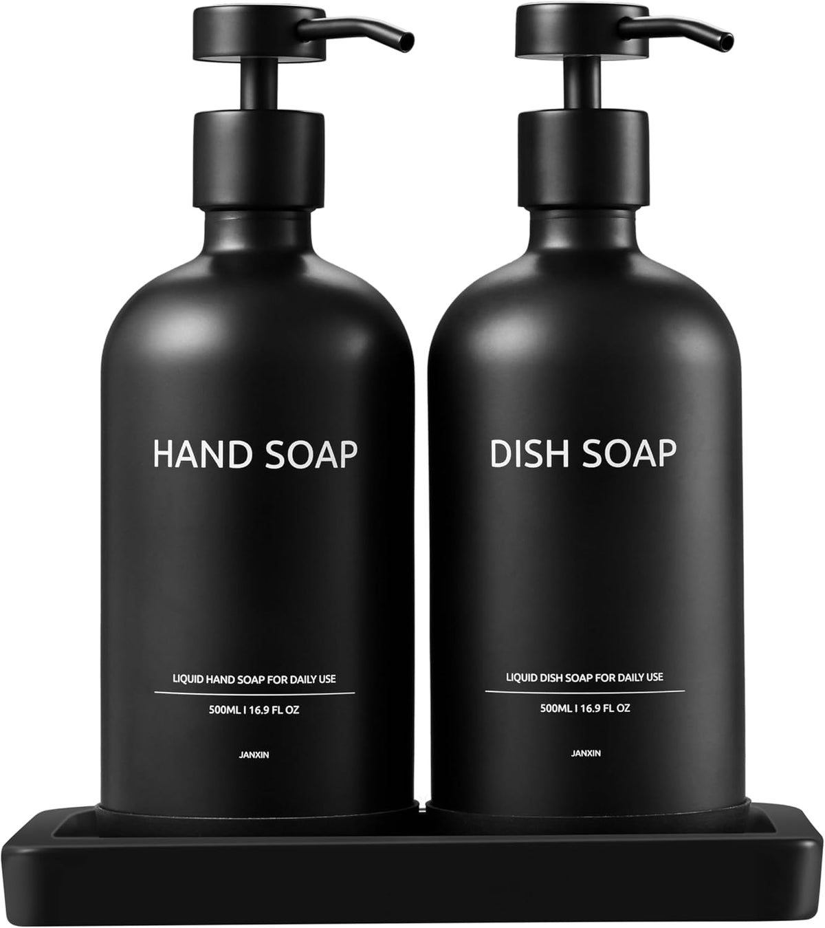 Glass Kitchen Soap Dispenser Set with Ceramic Tray,16.9 floz Hand and Dish Soap Dispenser for Kitchen and Bathroom Decor,Kitchen Accessories(Black Bottles +Black Pumps)