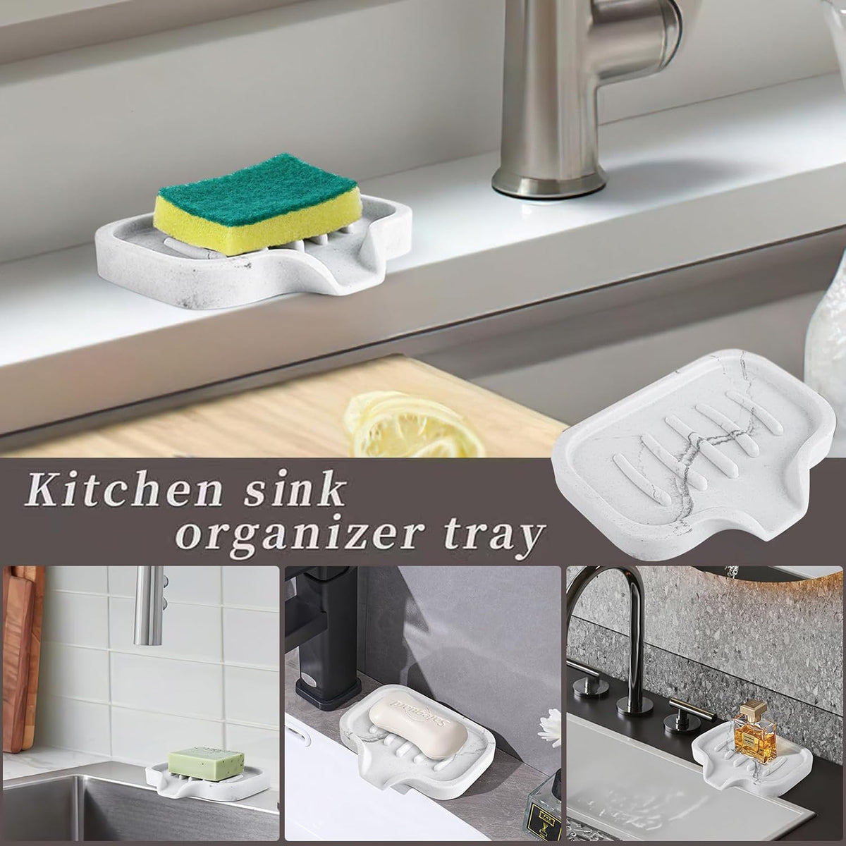 Self Draining Soap Dish- Bar Soap Holder for Shower, Marble Design Large Soap Savers Soap Tray Sponge Holder for Kitchen Bathroom Bathtub Sink, White