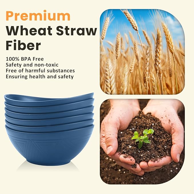 Homienly Wheat Straw Bowl Set of 6-60 OZ Large Salad Bowls,Microwave and Dishwasher Safe Bowl Set, Alternative for Plastic Bowls for Serving Soup,Popcorn Bowl for Kitchen - Blue