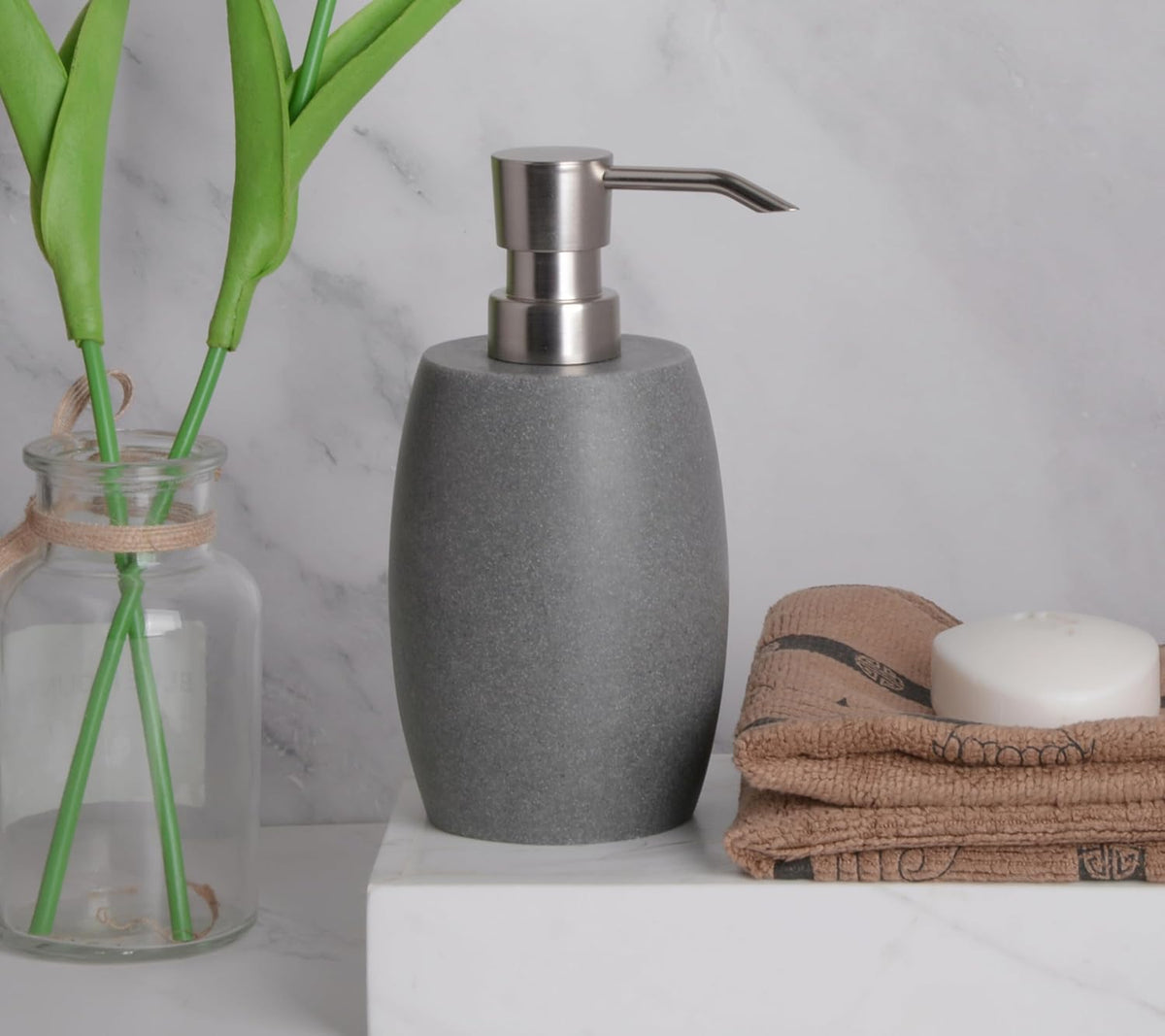 Sandstone Textured Resin Soap Dispenser with Metallic Pump and Waterproof Bottle Labels for Bathroom Kitchen Dish Hand Wash Shower Lotion Shampoo, 12 Oz, Gray