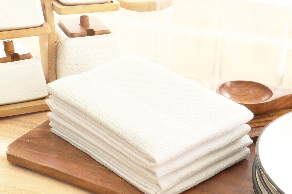 PurpleEssences Waffle Weave Kitchen Towel, 100% Cotton - 15 x 25 Inches, with Hanging Loop Ultra Soft Absorbent Quick Drying Dish Cloth, Tea and Hand Towels, 6 Pack - Spring Summer - White