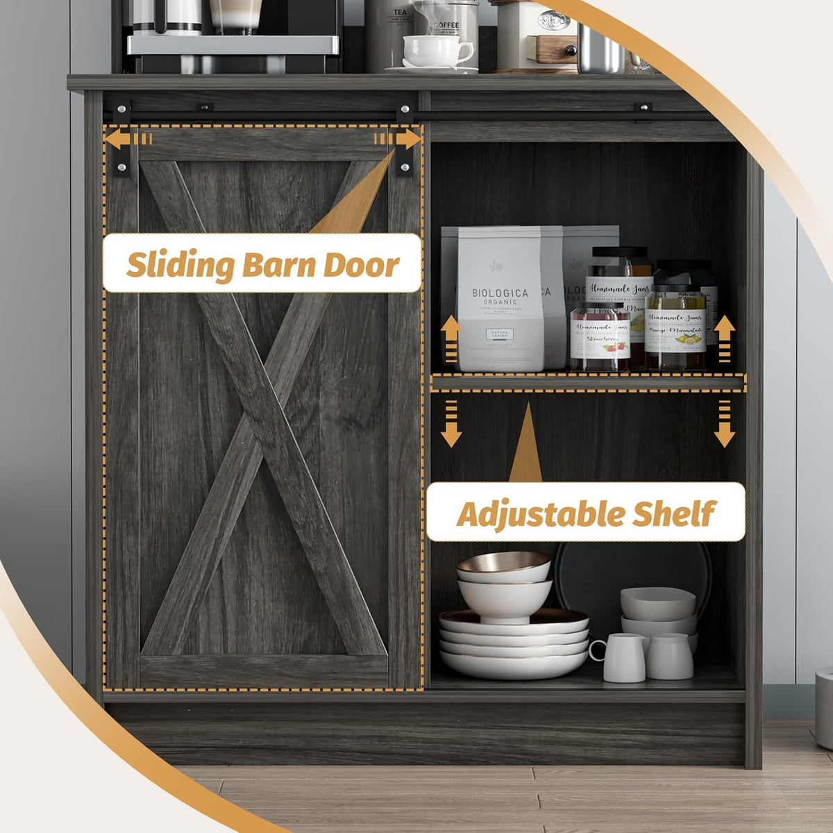4ever2buy Farmhouse Coffee Bar with Hutch, 31 Inch Buffet Cabinet with Sliding Barn Door, Storage Bar Cabinet with 6 Hooks, Coffee Bar Table with Adjustable Shelves for Living Dining Room, Grey