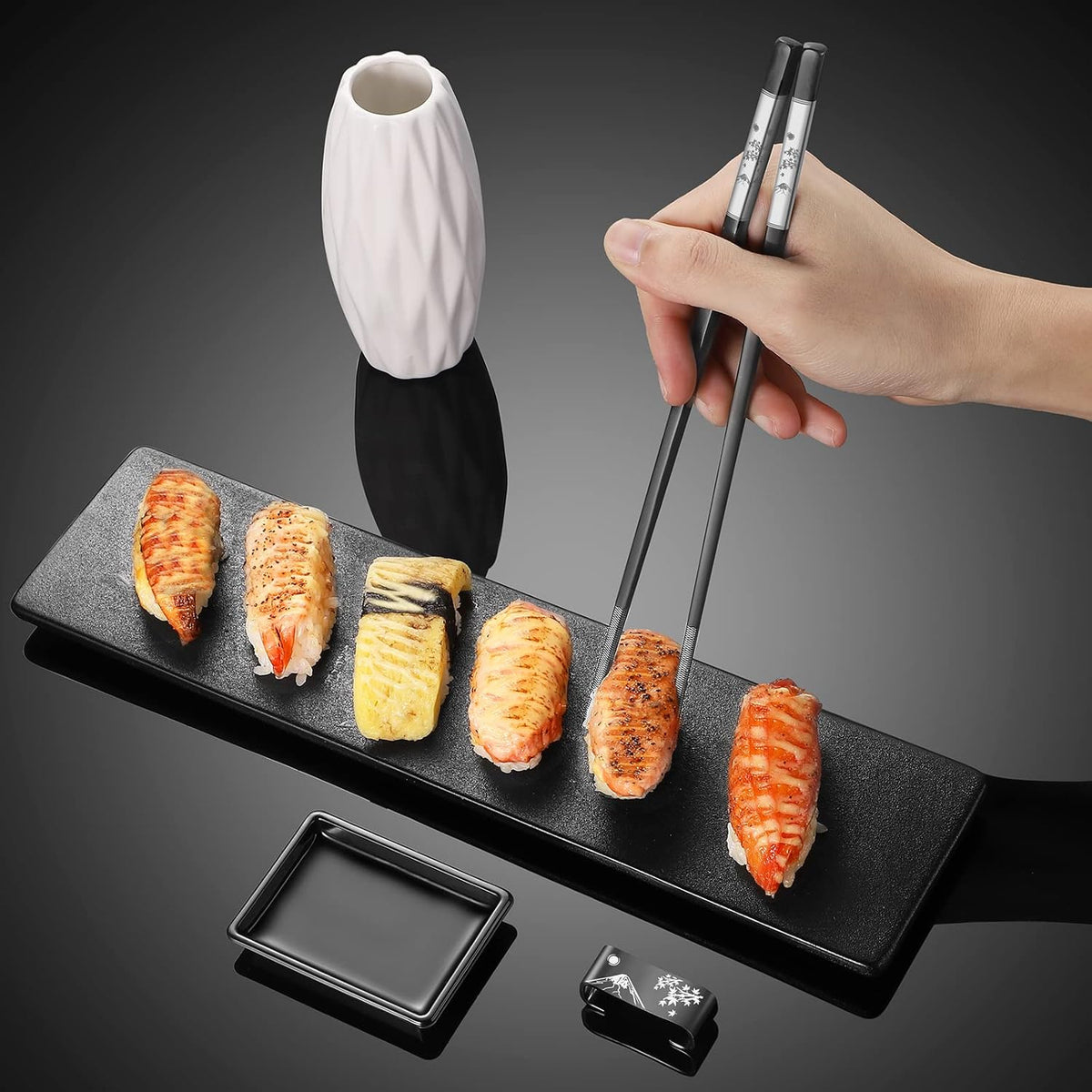 Premium 304 Stainless Steel Chopsticks Set - 2 Pairs Titanium Plated Japanese Style with Laser Engraved Design, Dishwasher Safe, Non-Slip Grip, Elegant Gift Box (Black)