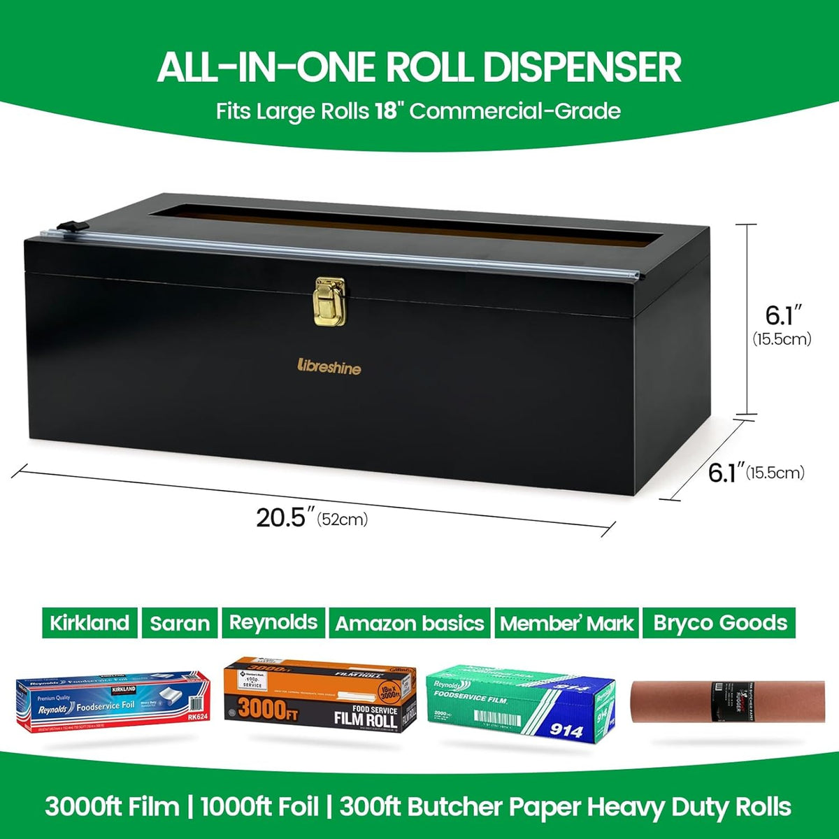 Black 18 Inch Commercial Plastic Wrap Dispenser with Cutter & Roller - Heavy Duty 3000ft Film & 1000ft Foil Holder - Fits Butcher, Freezer, Kraft Paper for Restaurant Kitchen Food Service