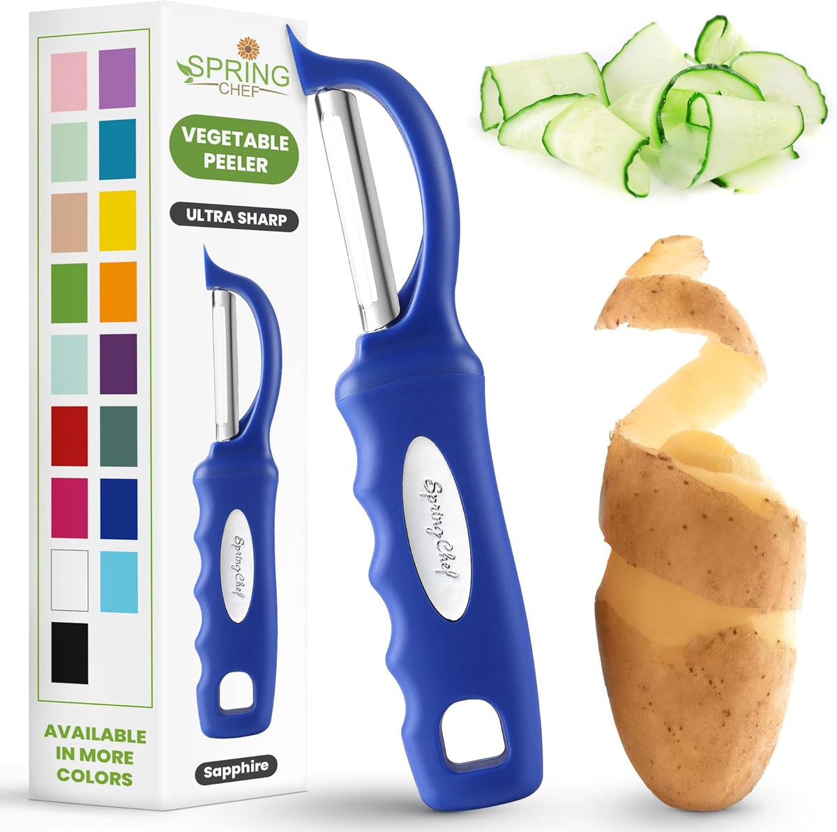 Spring Chef Premium Swivel Vegetable Peeler, Soft Grip Handle and Ultra Sharp Stainless Steel Blades - Perfect Kitchen Peeler For Veggie, Fruit, Potato, Carrot, Apple - Sapphire