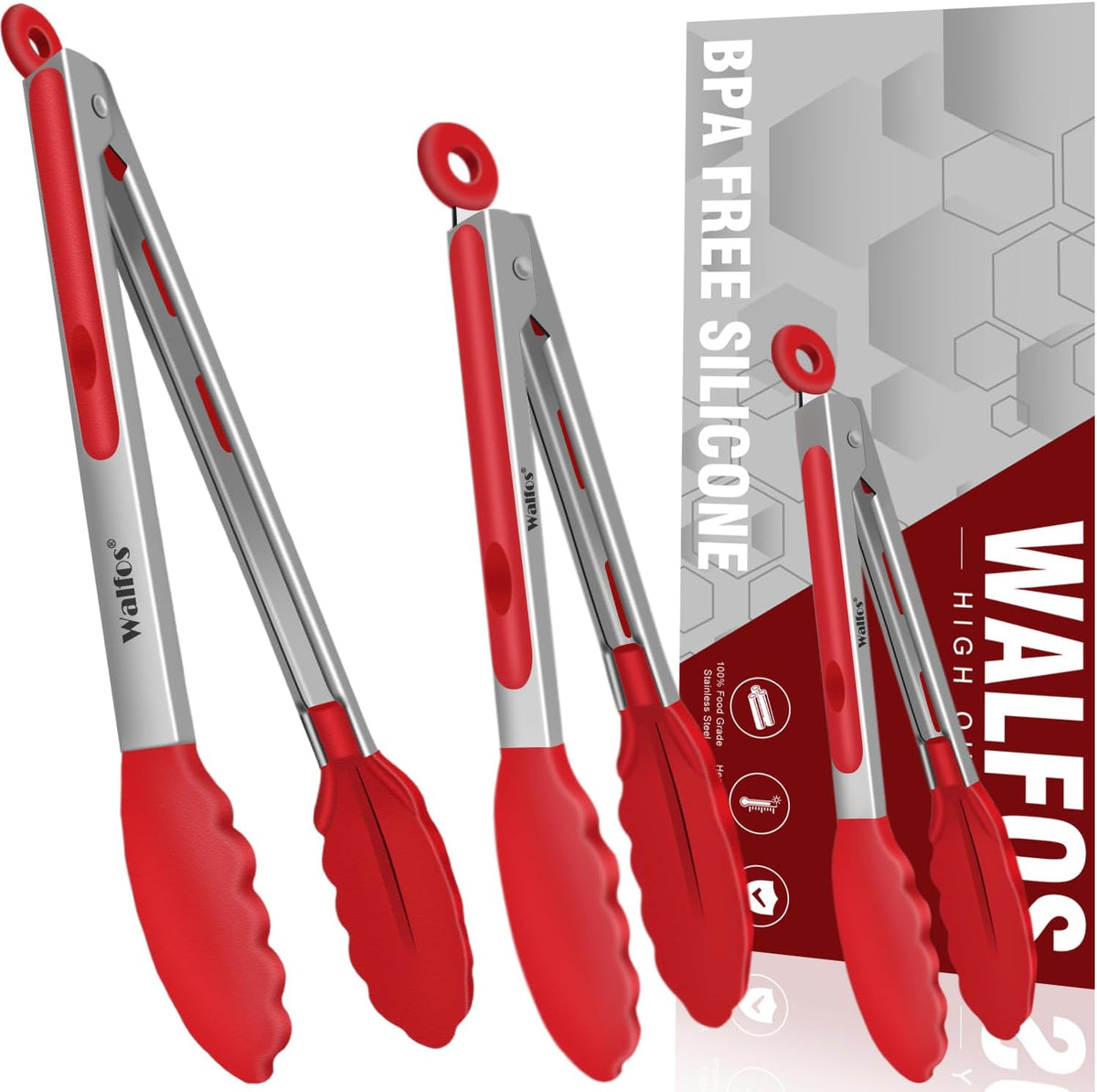 Walfos Kitchen Tongs - 7" 9" and 12" Heat Resistant Cooking Tongs, Stainless Steel and BPA Free Silicone Tips, Great for Cooking, Salad, Grilling, Turning, Dishwasher safe,set of 3