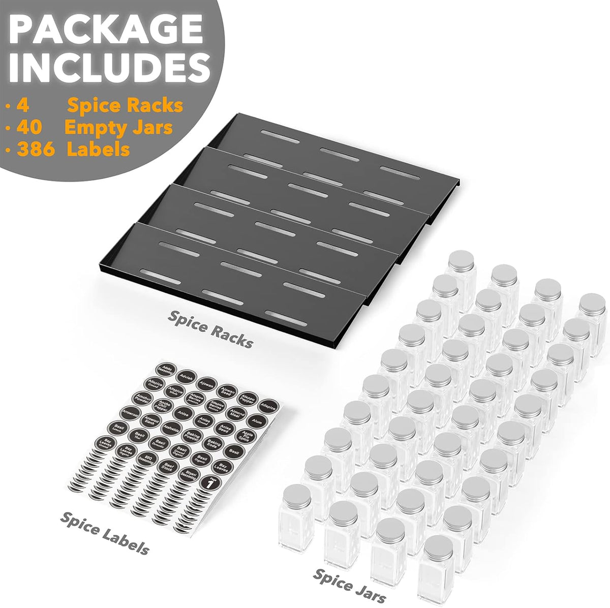 SpaceAid Spice Drawer Organizer with 40 Spice Jars, 386 Spice Labels, 4 Tier Seasoning Rack Tray Insert for Kitchen Drawers, 18.5" Wide x 17.5" Deep