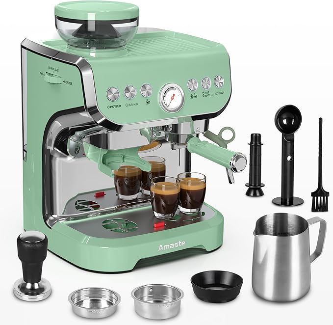 Amaste Espresso Machine with Grinder, 15 Bar Espresso Machine with Steam Wand for Latte and Cappuccino, 68Oz Water Tank, Pre-Infuse Brewing, Espresso Coffee Maker for Home Use, Barista Kit, Green