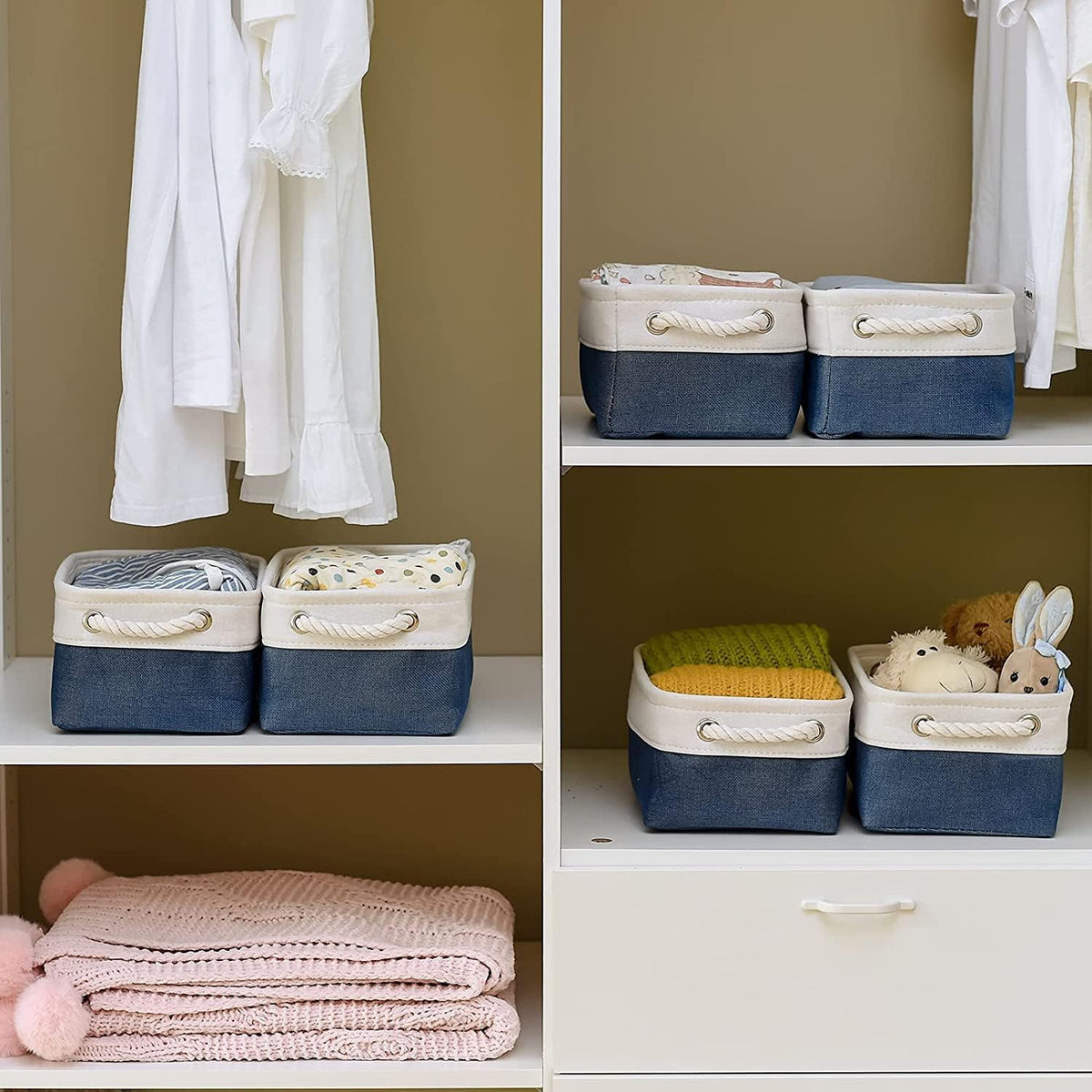 TcaFmac Organization and Storage Cubes - 12x8x5.2 inch Small 6 Pack Collapsible Storage Bins for Sheves, Fabric Storage Basket for Gifts Empty for Closet Cloth Toy Kids Books(White & Jean Blue)