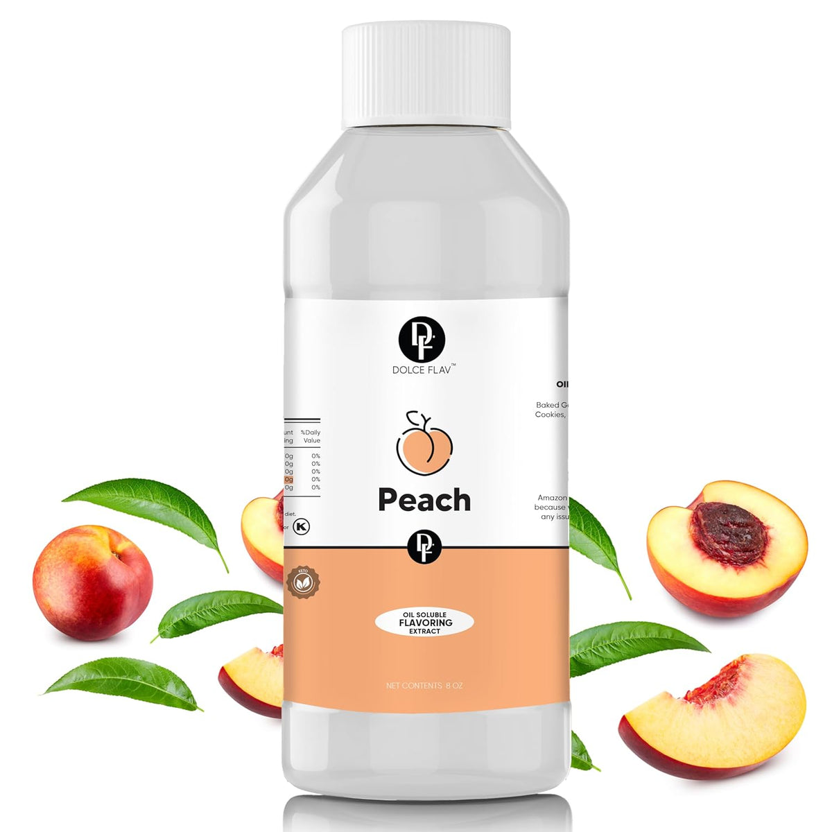 Dolce Flav Peach Extract (Oil-Soluble) 8 oz – Kosher, Sugar-Free, Concentrated Juicy Peach Flavoring for Baking, Chocolates & Desserts, Includes Measured Dropper