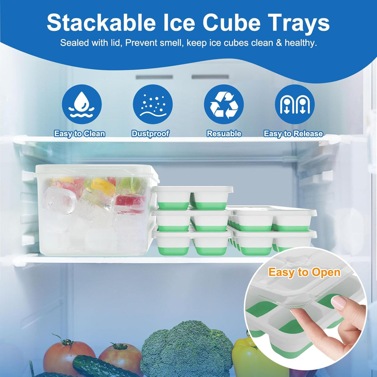 Ice Cube Trays for Freezer with Lids, 4 Pack Silicone & PP Easy-Release Ice Cube Tray, 14 Cubes Each (56 Total), Stackable, BPA Free, LFGB Certified Ice Molds for Drinks, Coffee, Baby Food, Cocktails